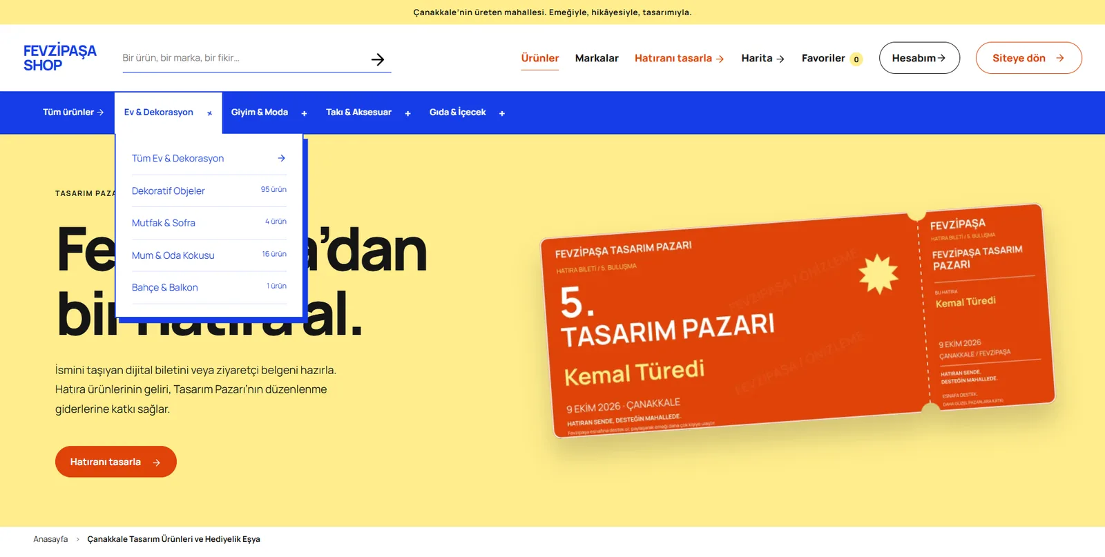 Fevzipaşa Shop: kategoriler ve hatıra bileti tasarlama